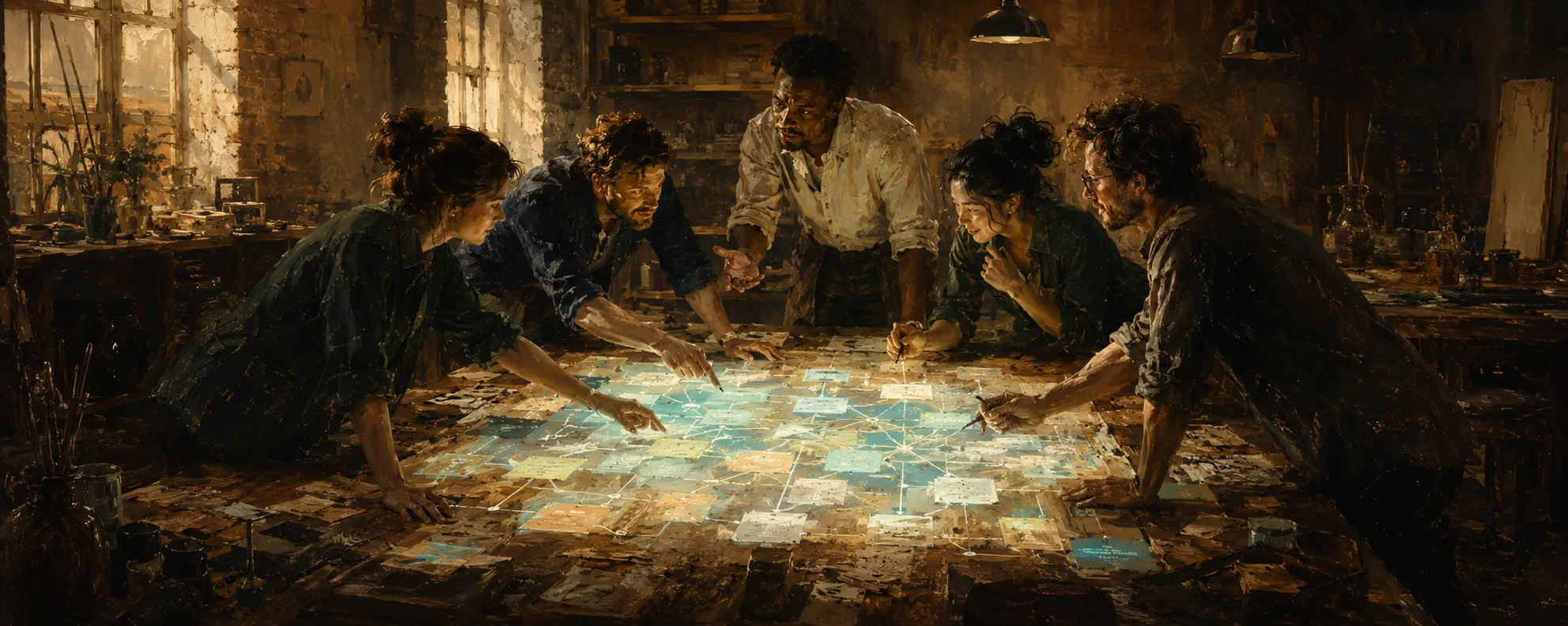A group of people collaborating around a luminous map spread across a workshop table.