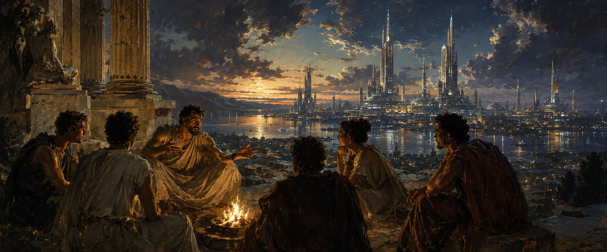 People gathered in conversation above a luminous city that blends ancient architecture with a distant future.